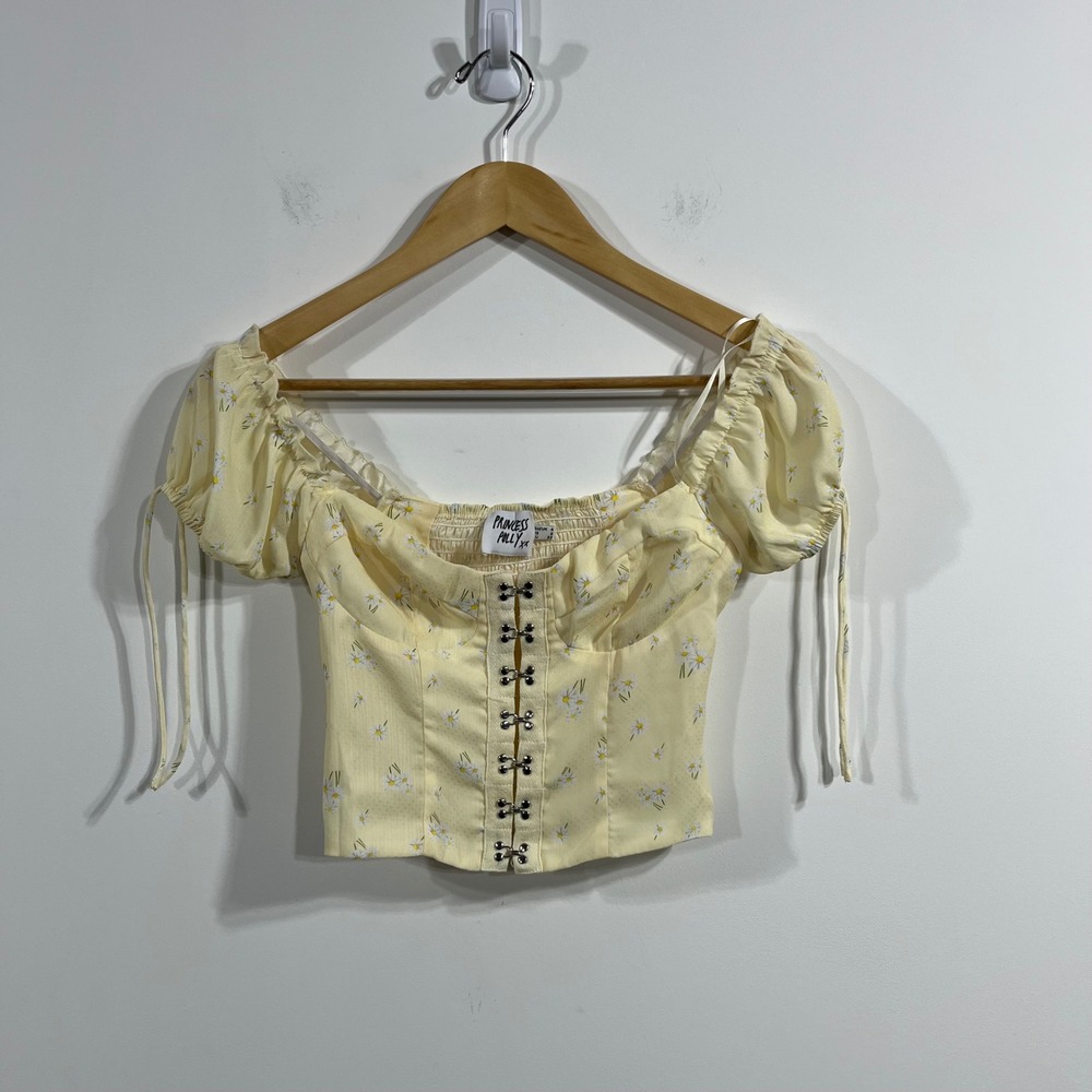 Princess Polly Butter Yellow Dainty Floral Corset Crop Top Puff Sleeve Womens 0